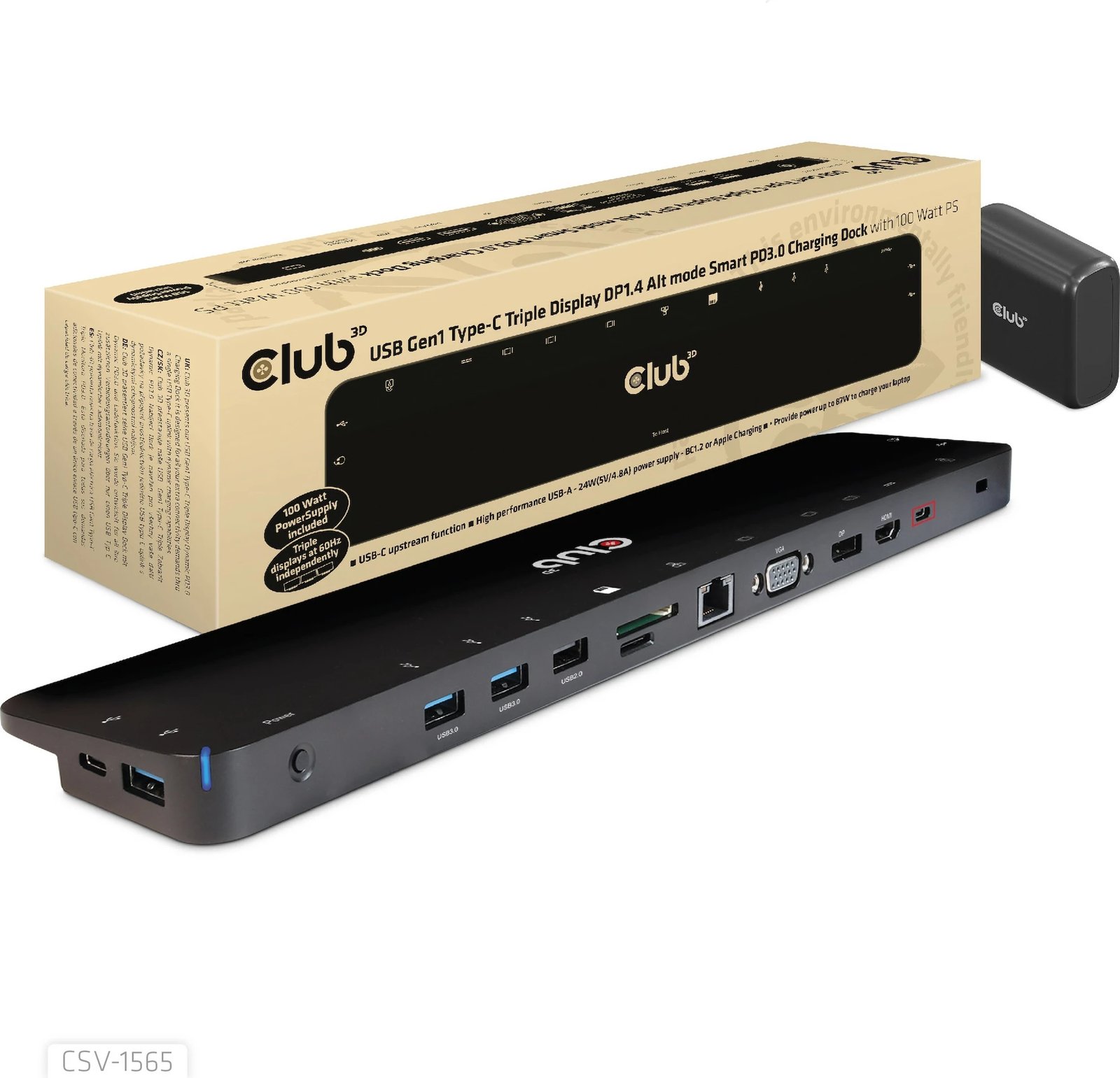 Docking station Club3D 4K ChargingDock USB-C, 5xUSB3, DP1.4, HDMI, VGA, LAN, 100W, e zezë