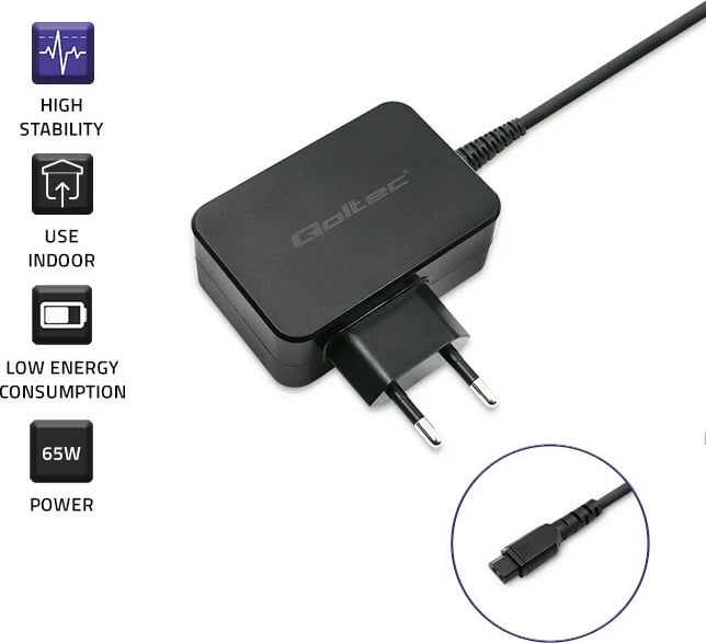 Adapter universal energjie Qoltec 52414, 65W, 10 konektorë, i zi