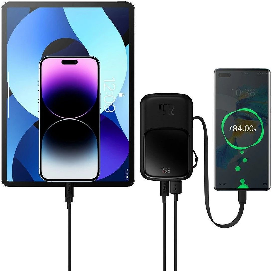 Powerbank Baseus Qpow Digital Display 10000mAh, 22.5W, me kabllo USB-C të integruar, e zezë