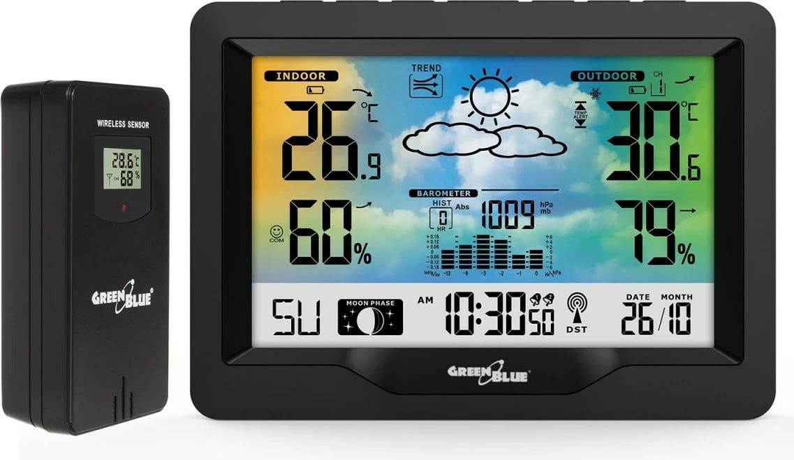 stacion moti GreenBlue GB540 me ekran me ngjyra, DCF, sensor i jashtëm wireless 60 m, i zi