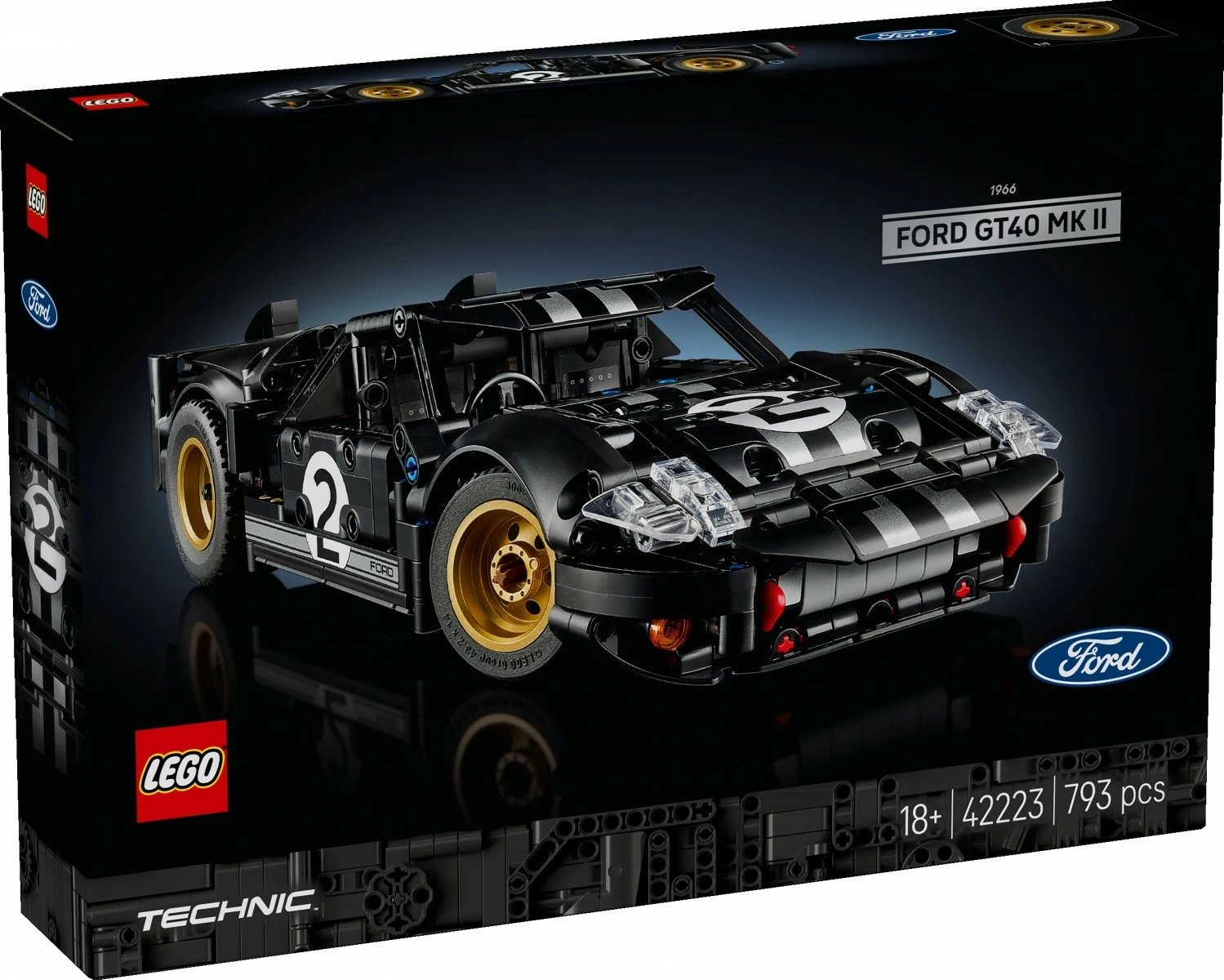 Set ndërtimi, LEGO Technic, 1966 Ford GT40 MK II 42223, 793 copë 18+, e zezë me shirita argjendi