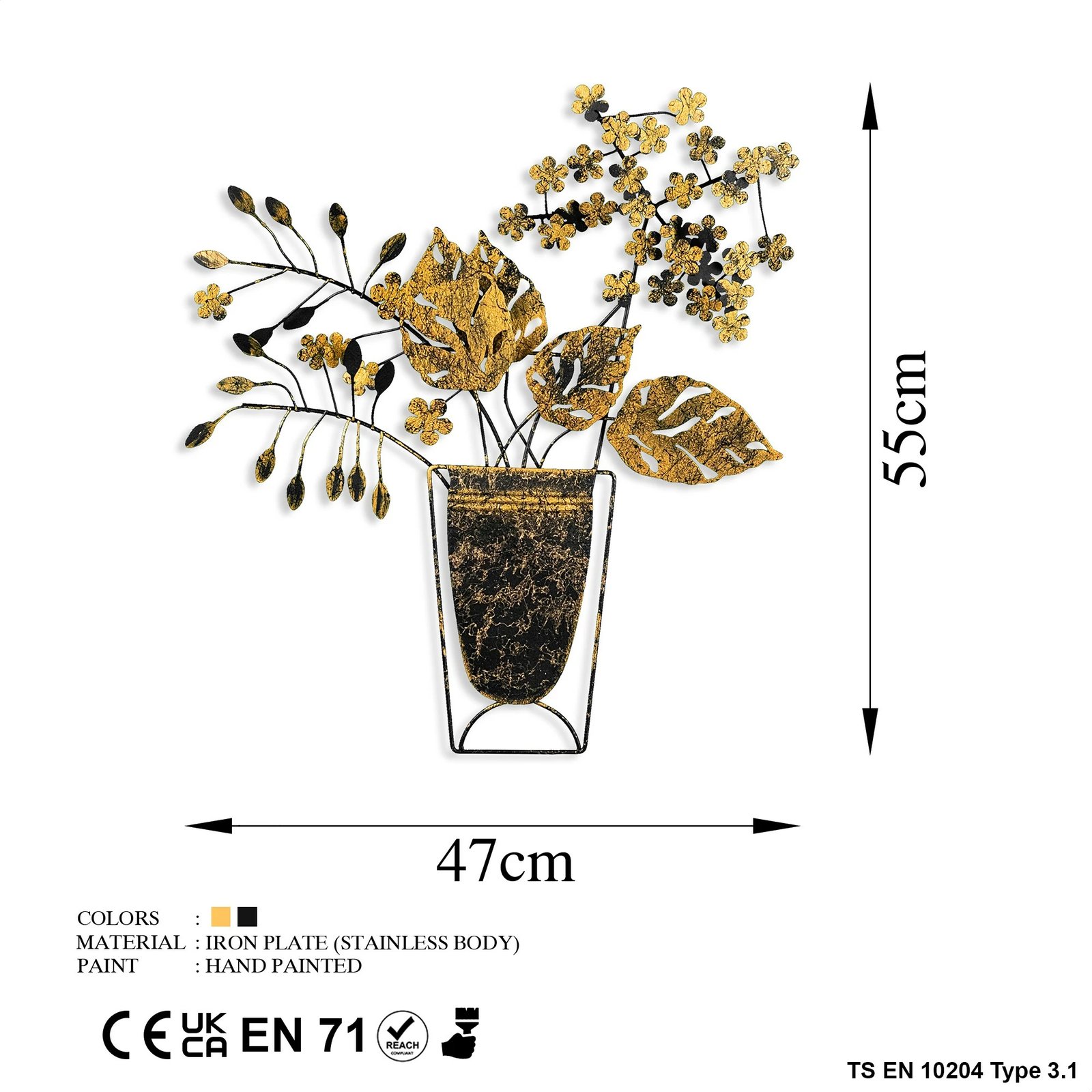 Aksesor dekorativ metalik për mur, lule në vazo, Wallity
