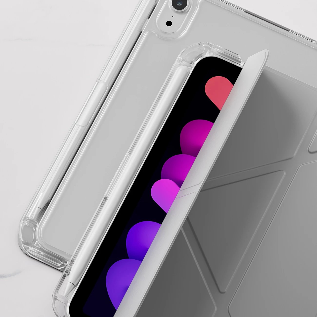 Mbështjellës tabletë, AmazingThing, Minimal Case, për iPad 11" (2025) dhe iPad 10.9" (2022), kapak me qëndrim, shpinë transparente, mbajtëse Apple Pencil, gri e çelët