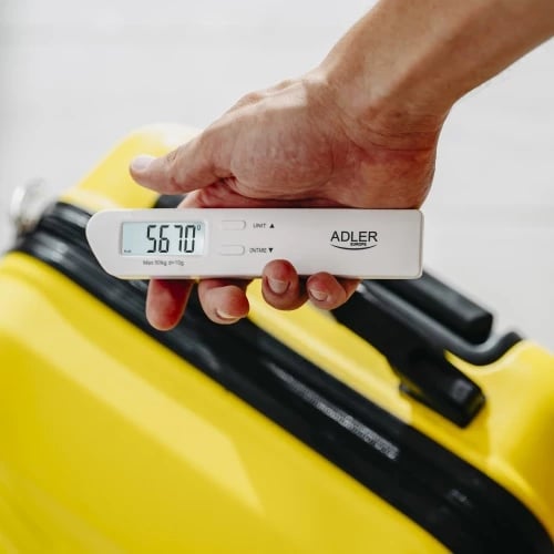 Peshore bagazhi udhëtimi, Adler AD 8191, kapacitet 50 kg, saktësi 10 g, ekran LCD me ndriçim, funksione Tare/Hold dhe sinjal peshë-synim, e bardhë