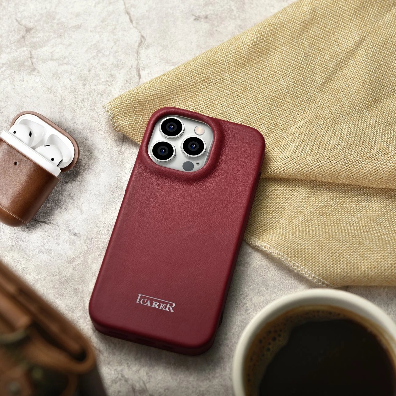 Mbështjellës iCarer CE Premium lëkurë folio për iPhone 14 Pro Max, MagSafe, Kuq