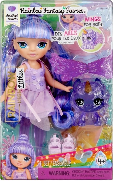 Kukull lodër Rainbow High Littles Amethyst Willow me krahë, 14cm, vjollcë, set me kafshë lodër
