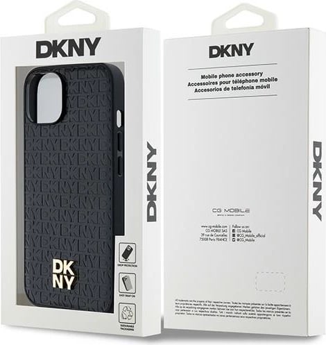 Mbështjellës DKNY Leather Monogram Pattern Metal Logo MagSafe për iPhone 15/14/13, e zezë