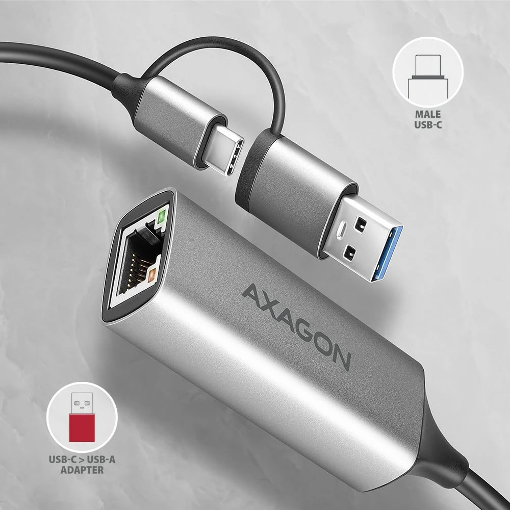 Adapter rrjeti AXAGON ADE-TXCA, USB-C/USB-A, Gigabit Ethernet, 3.2 Gen 1, Gri