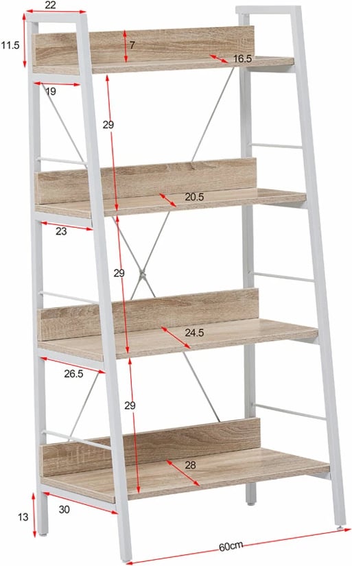 Raft librash me 4 rafte, ngjyrë sonoma e bardhë, 60x35x117 cm