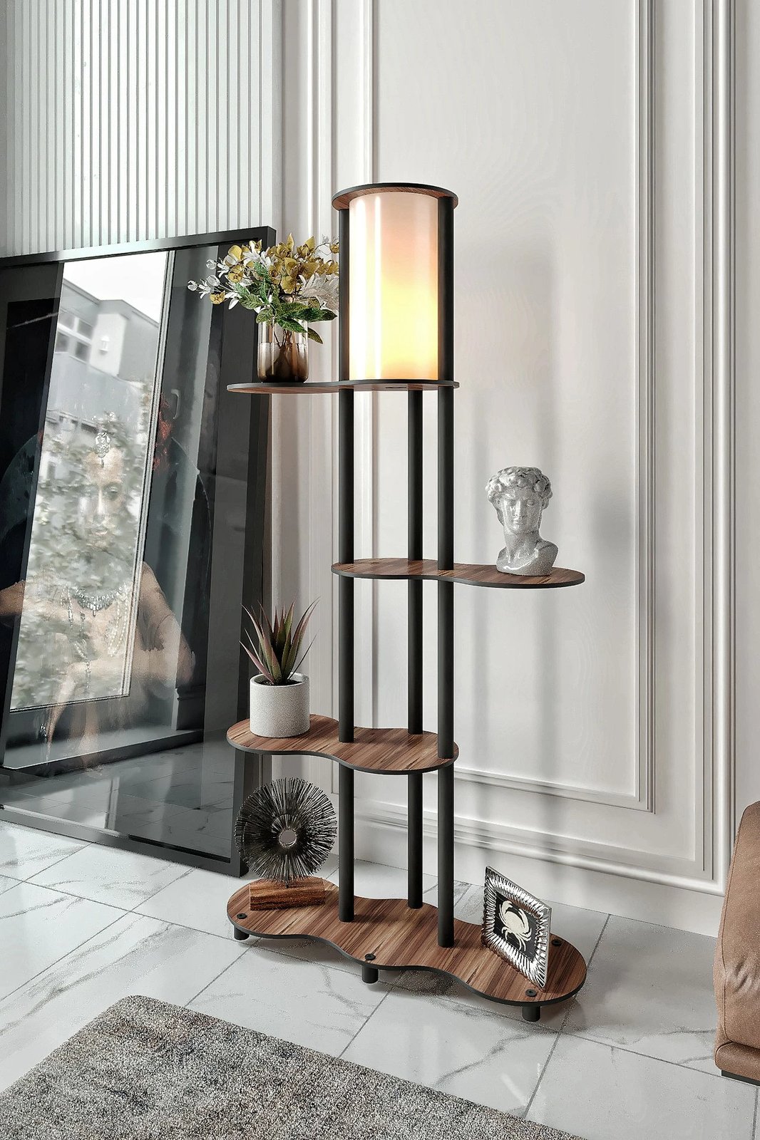 Llambë dyshemeje me rafte, ngjyrë arre, Opviq KS-11114, 150cm