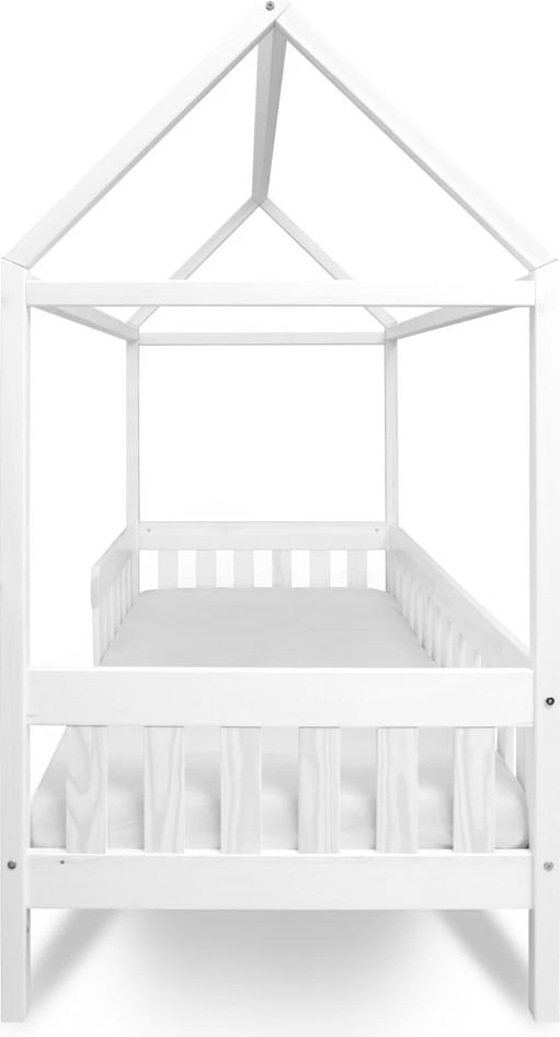 krevat fëmijësh shtëpizë, New Baby CASTELLO, 160x80 cm, gardh mbrojtës dhe dysheme me leta elastike, dru pishe, i bardhë