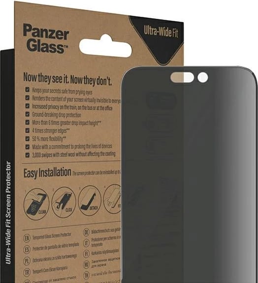 Mbrojtës ekrani xham i temperuar PanzerGlass Ultra-Wide Fit Privacy me EasyAligner për iPhone 14 Pro Max, Antibakterial
