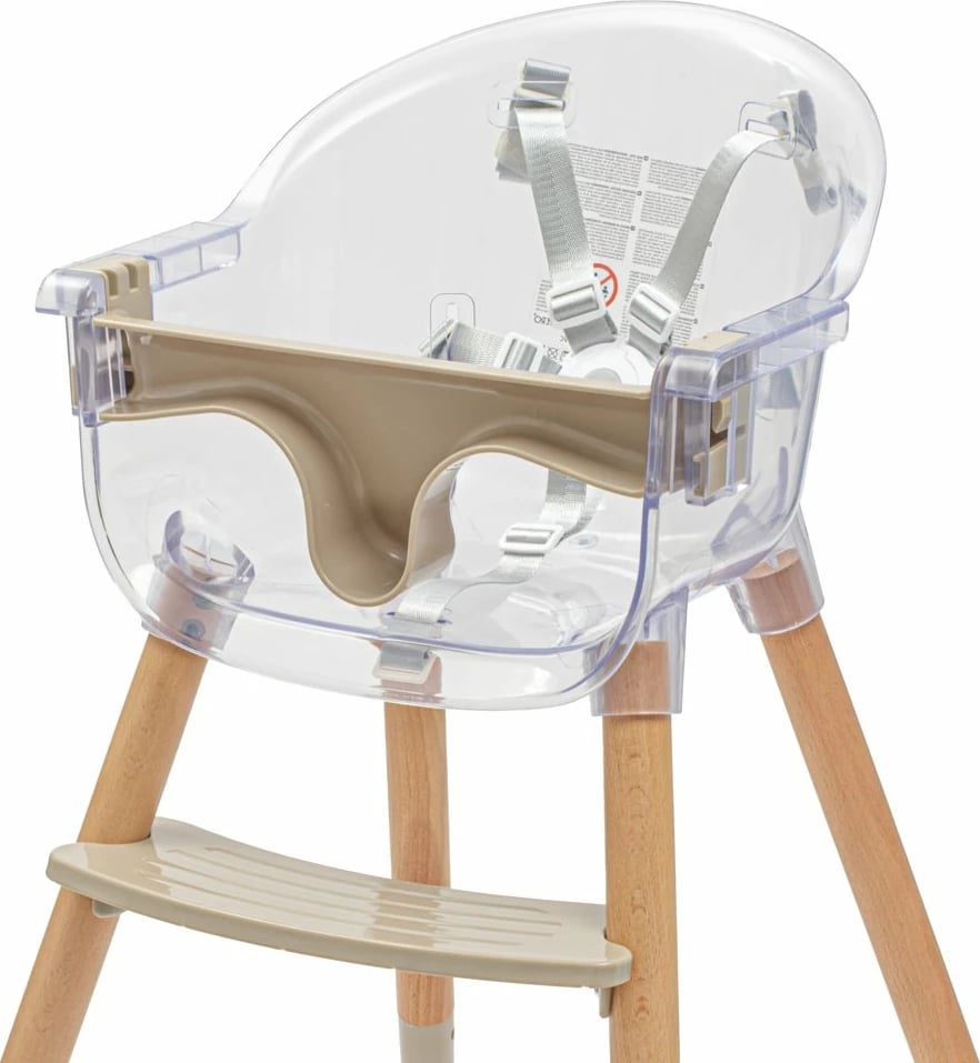 Karrige ushqimi bebe, Baby Mix, Ingrid, tabaka e dyfishtë e rregullueshme, këmbë druri, rrip 5-pikësh, deri 15 kg, bezhë