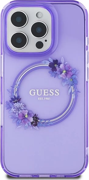 Mbështjellës Guess IML Flowers Wreath MagSafe për iPhone 16 Pro, Vjollcë