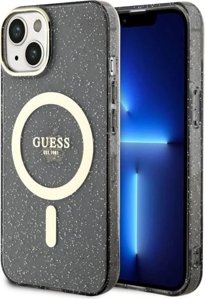 Mbështjellës Guess Glitter Gold MagSafe për iPhone 14, i zi