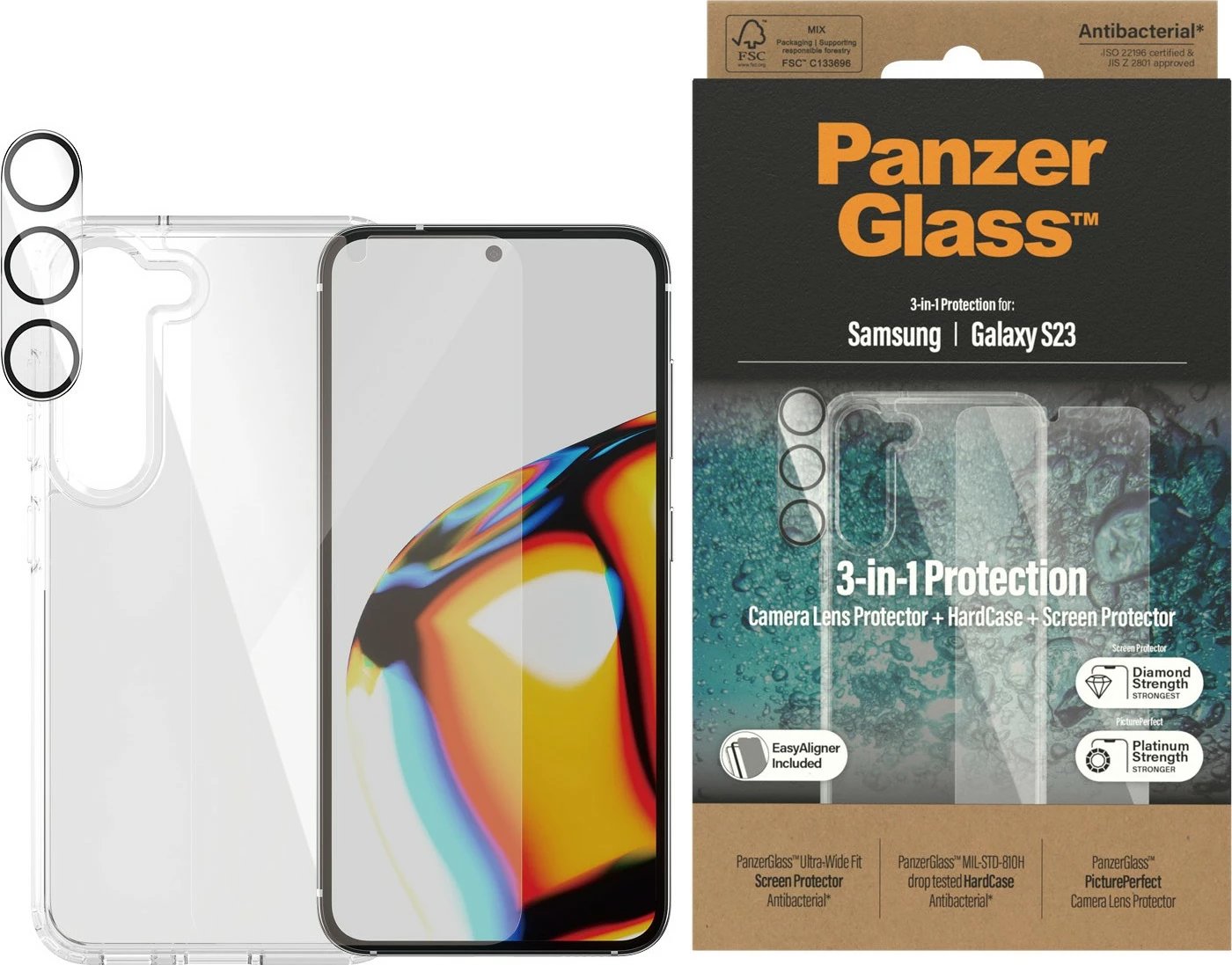 Mbështjellës + mbrojtës ekrani PanzerGlass për Samsung Galaxy S23, transparent
