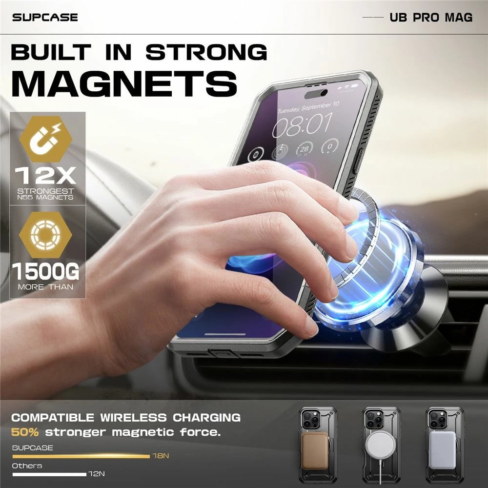 Mbështjellës Supcase Unicorn Beetle Pro Mag për iPhone 16 Pro Max/16 Plus, MagSafe, i zi, me klip rripi