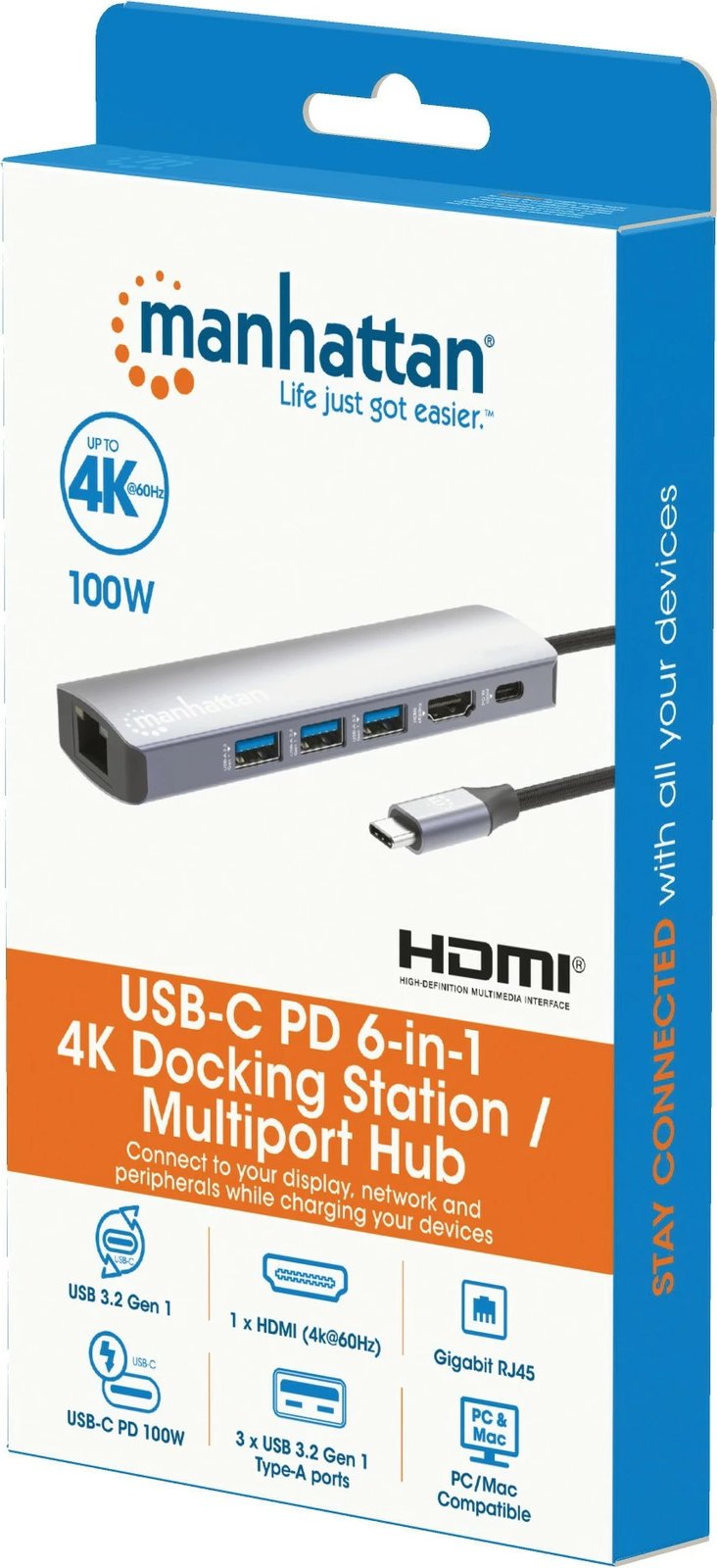 Docking station MANHATTAN 6-në-1 USB-C, 4K HDMI, 3x USB 5Gb/s, gri