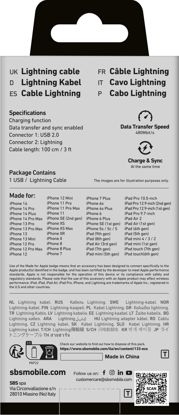 Kabllo USB-A në Lightning SBS TECABLEUSBIP589A, 1 m, Kaltër Kabllo USB-A në Lightning SBS TECABLEUSBIP589A, 1 m, Kaltër