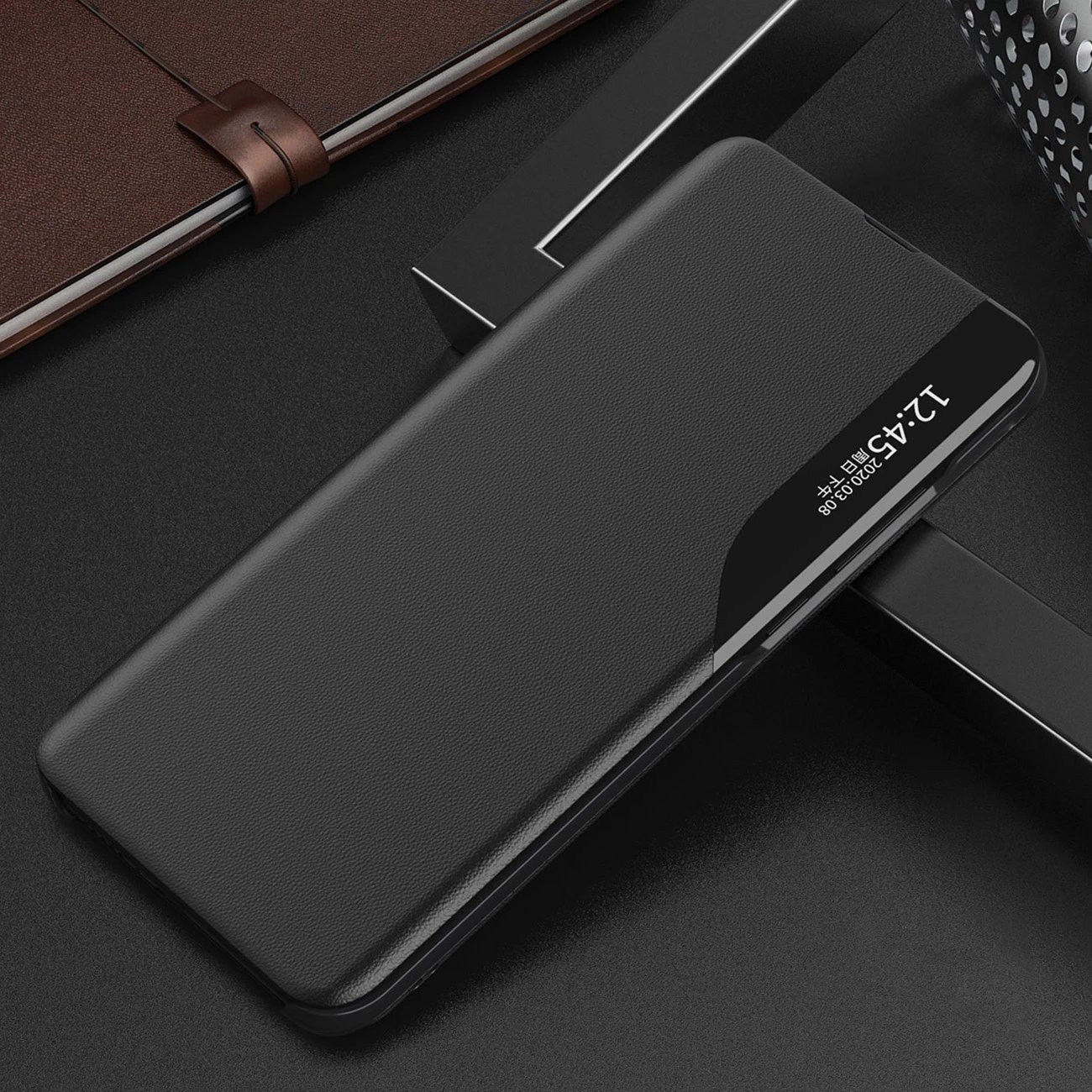 Mbështjellës Hurtel Eco Leather View Case për Xiaomi Redmi Note 12 Pro / Poco X5 Pro 5G, me qëndrim, i zi