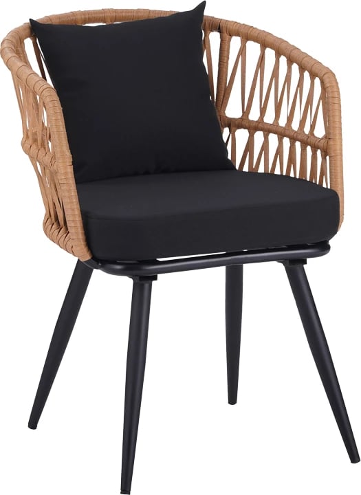 Karrige Naoki Pakoworld pe rattan -metal, përfundim natyral, këmbë/jastëk të zi, 62x60x80cm