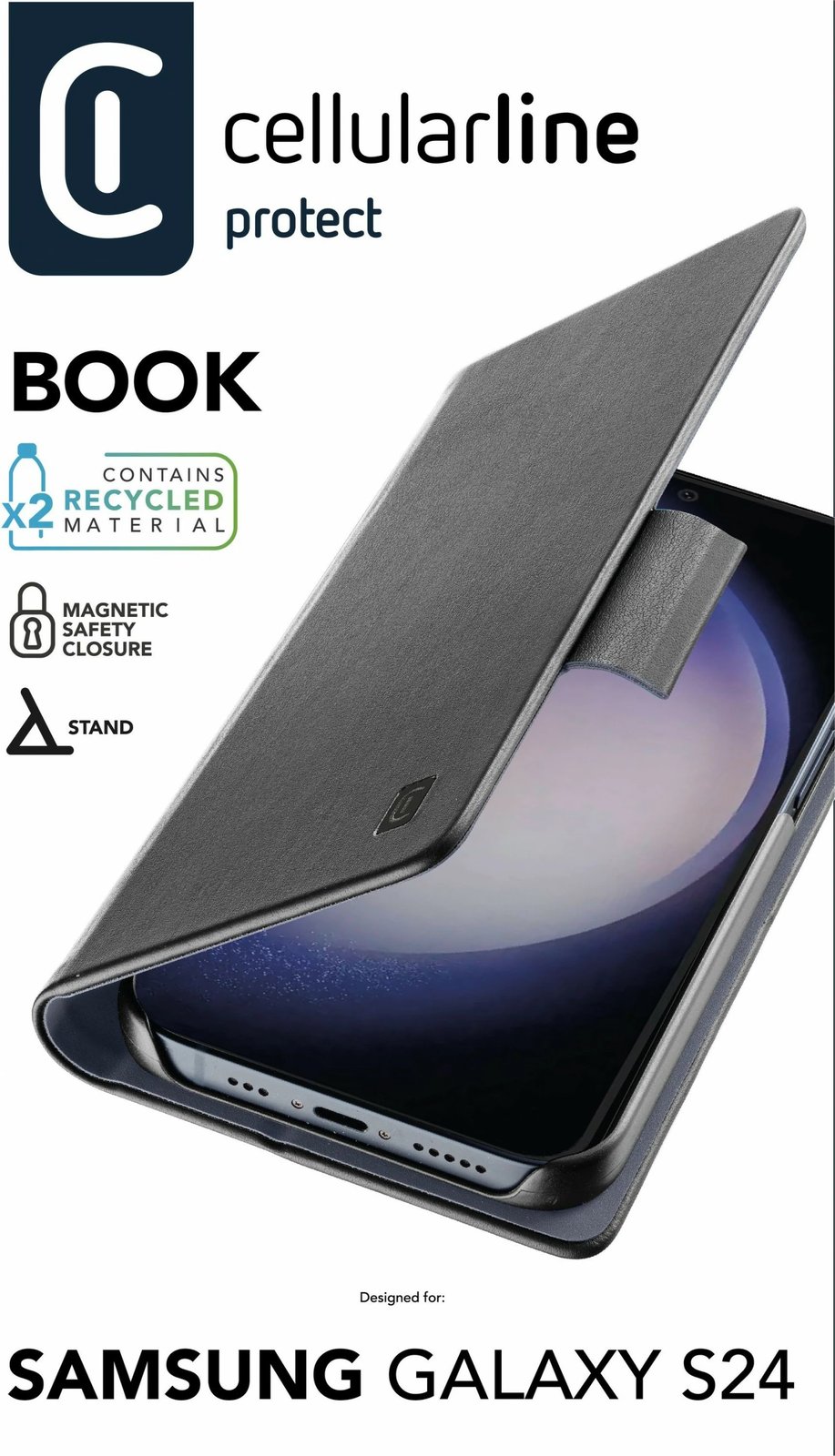 Mbështjellës Cellular Line për Samsung Galaxy S24, folio, xhep kartelash, e zezë