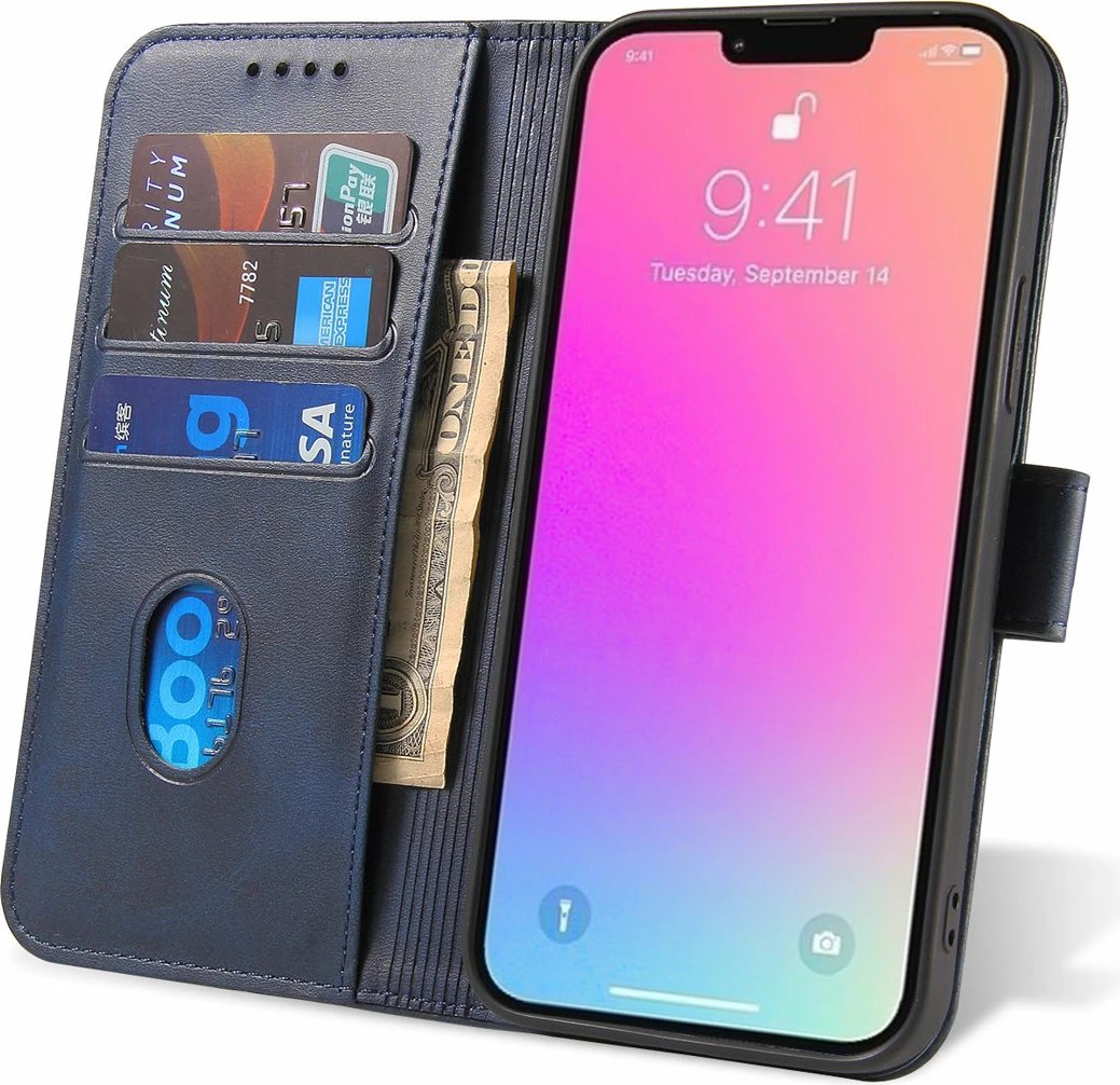 Mbështjellës Hurtel Magnet Case për iPhone 15 Pro Max, me portofol dhe stand, Kaltër