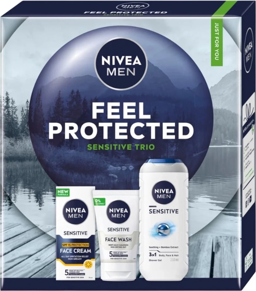 Set për meshkuj Nivea Men Feel Protected 3-në-1 Shower Gel 250ml + Facial Cleansing Gel 100ml + Krem Hidratues SPF15 75ml