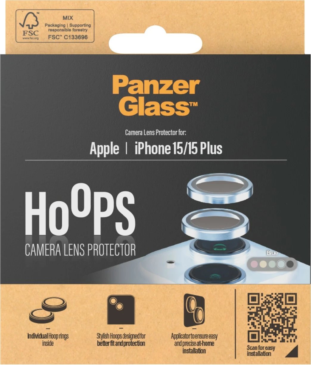Mbrojtës kamere PanzerGlass për iPhone 15/15 Plus, xham i temperuar, blu