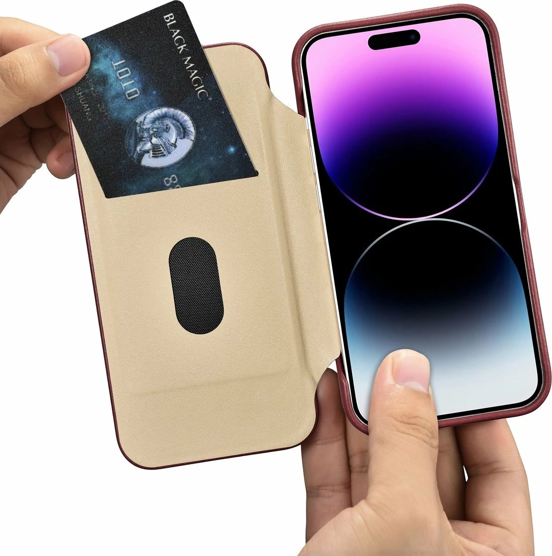 Mbështjellës iCarer CE Premium lëkurë folio për iPhone 14 Pro Max, MagSafe, Kuq