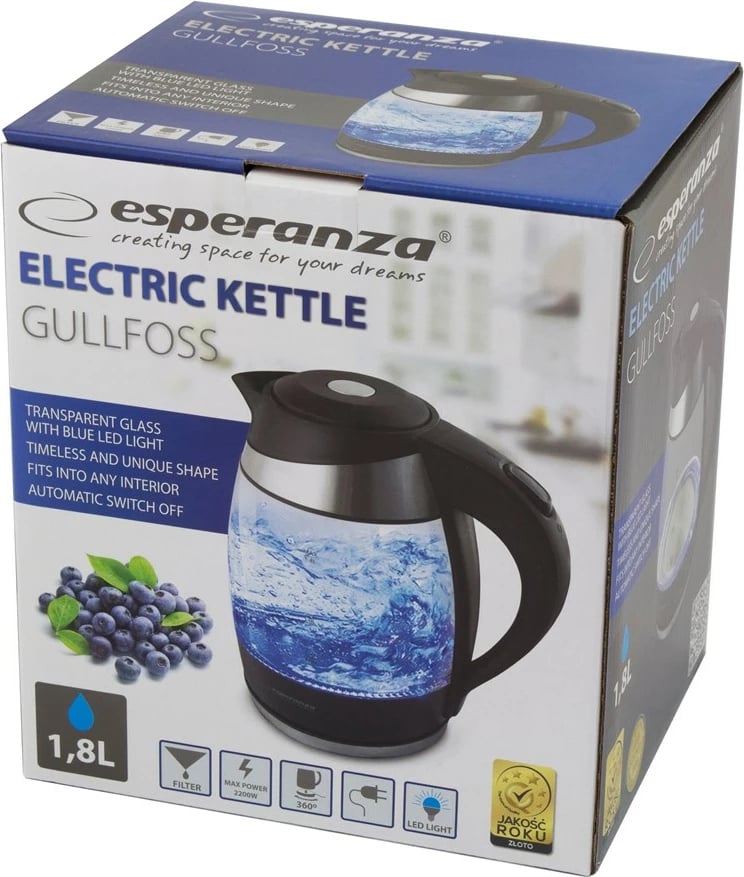 Vluese uji Esperanza EKK009, 1.8L, 2200W, e zezë / transparente 