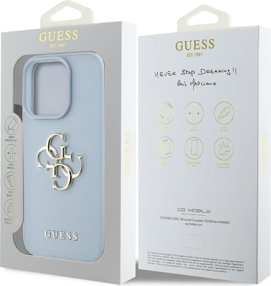 Mbështjellës Guess Grained Big 4G Logo Small Classic Logo për iPhone 16 Pro, kaltër Mbështjellës Guess Grained Big 4G Logo Small Classic Logo për iPhone 16 Pro, kaltër