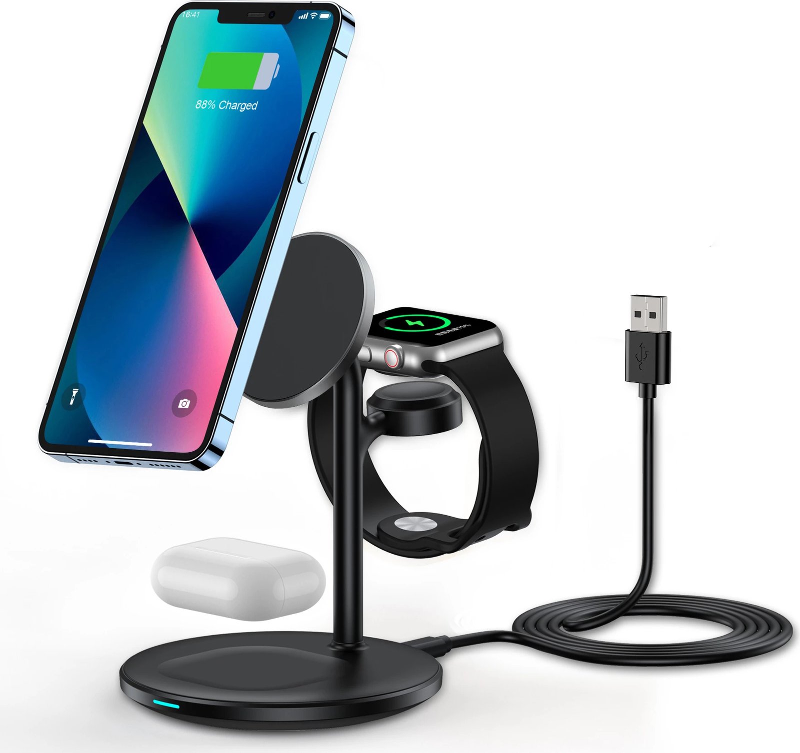 Stacion karikimi wireless 3-në-1 Choetech T585-F për iPhone 12/13/14, AirPods Pro dhe Apple Watch, USB-C, 15W, Zi