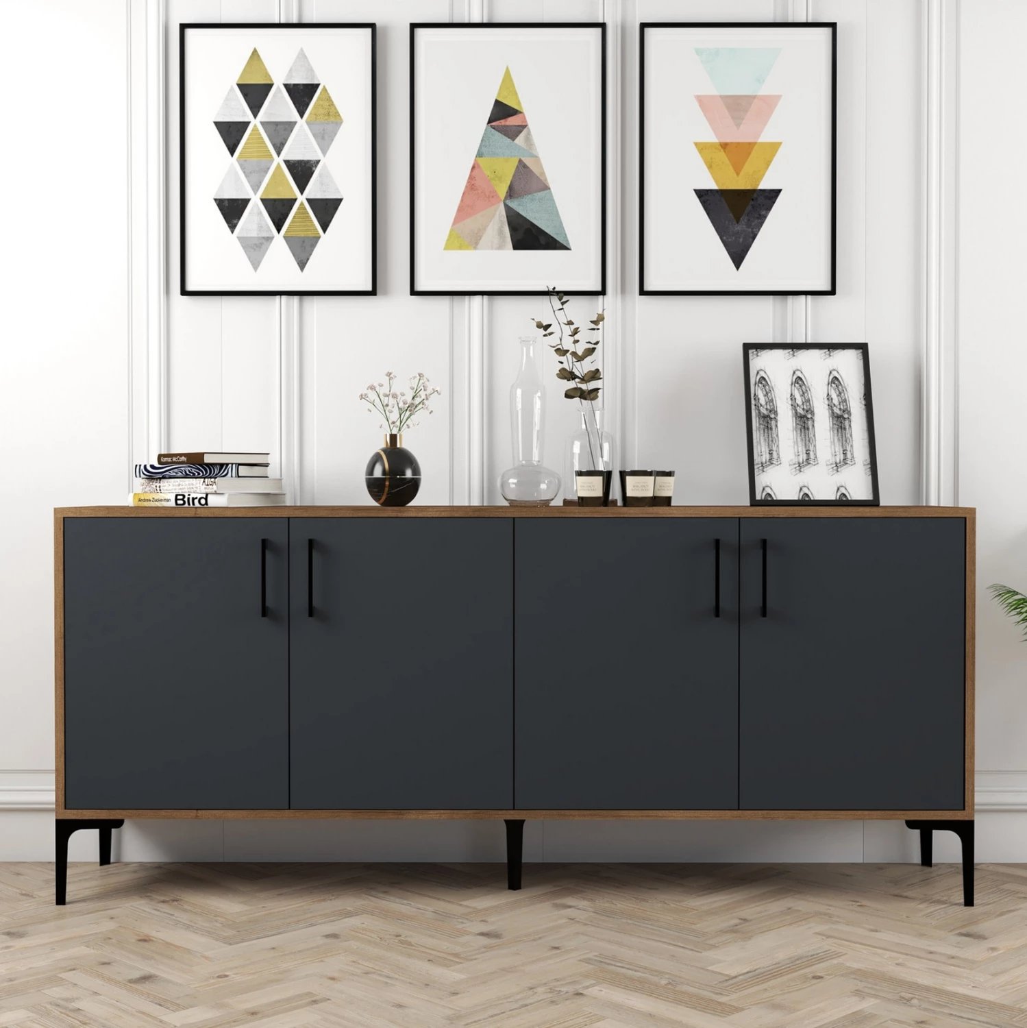 Bufe melamine, ngjyrë arre me dyer gri qymyr, 180x35x78H cm, FH9428.01