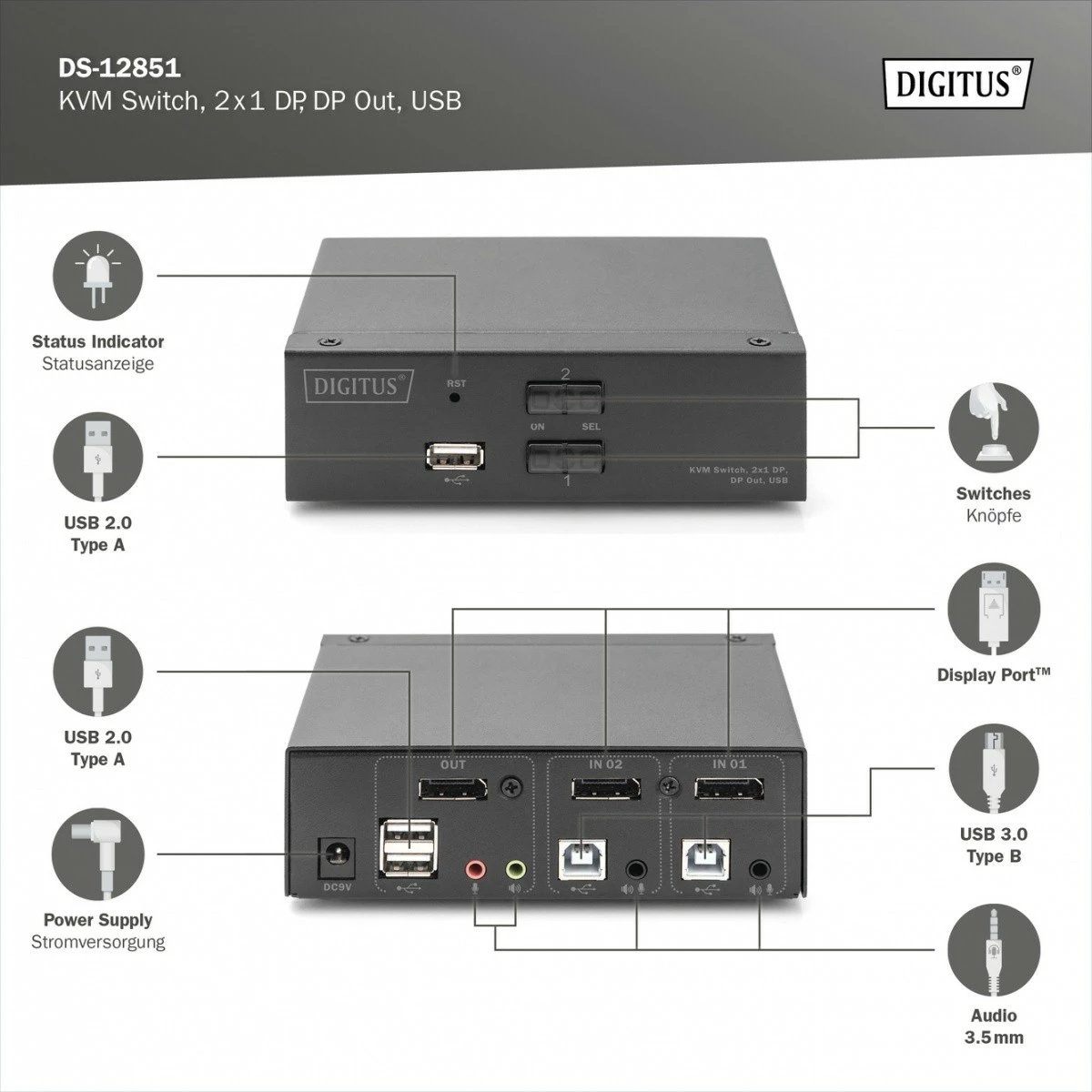 Switch KVM, Digitus DS-12851, 2 porta, 4K 60Hz, 2xDisplayPort IN, 1xDisplayPort OUT, 2xUSB, Audio IN & OUT
