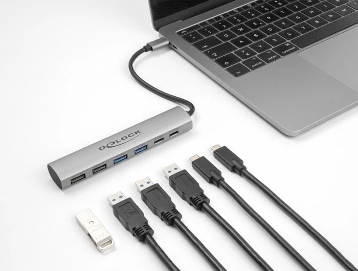 USB hub DeLOCK 6 porta, alumini, USB 3.2 Gen 1, Type-A + Type-C, gri