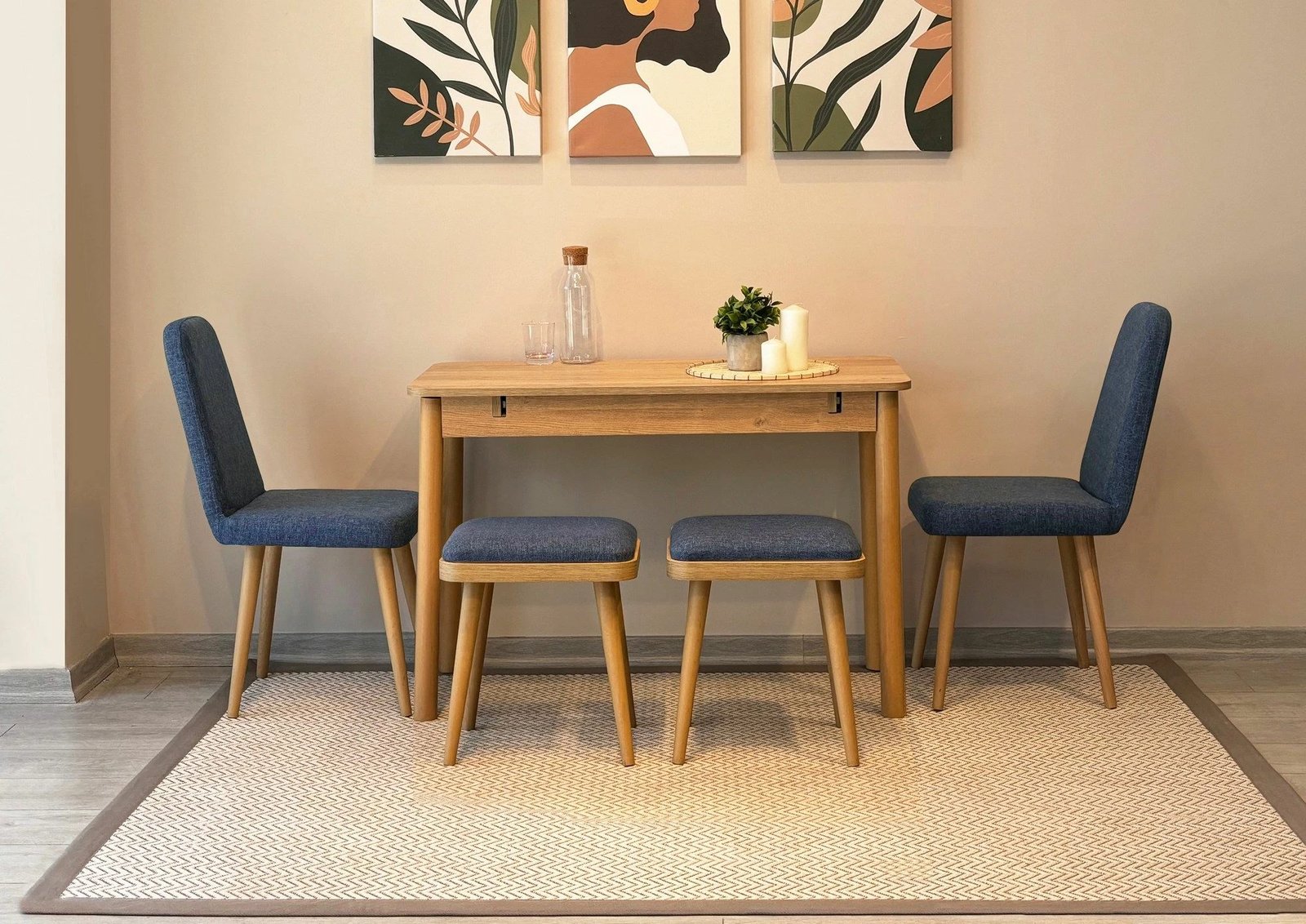 Tavolinë me karrige, zgjatshme, 5 pjesë, ngjyrë lisi dhe kaltër e errët, Vina Mini 02 1048