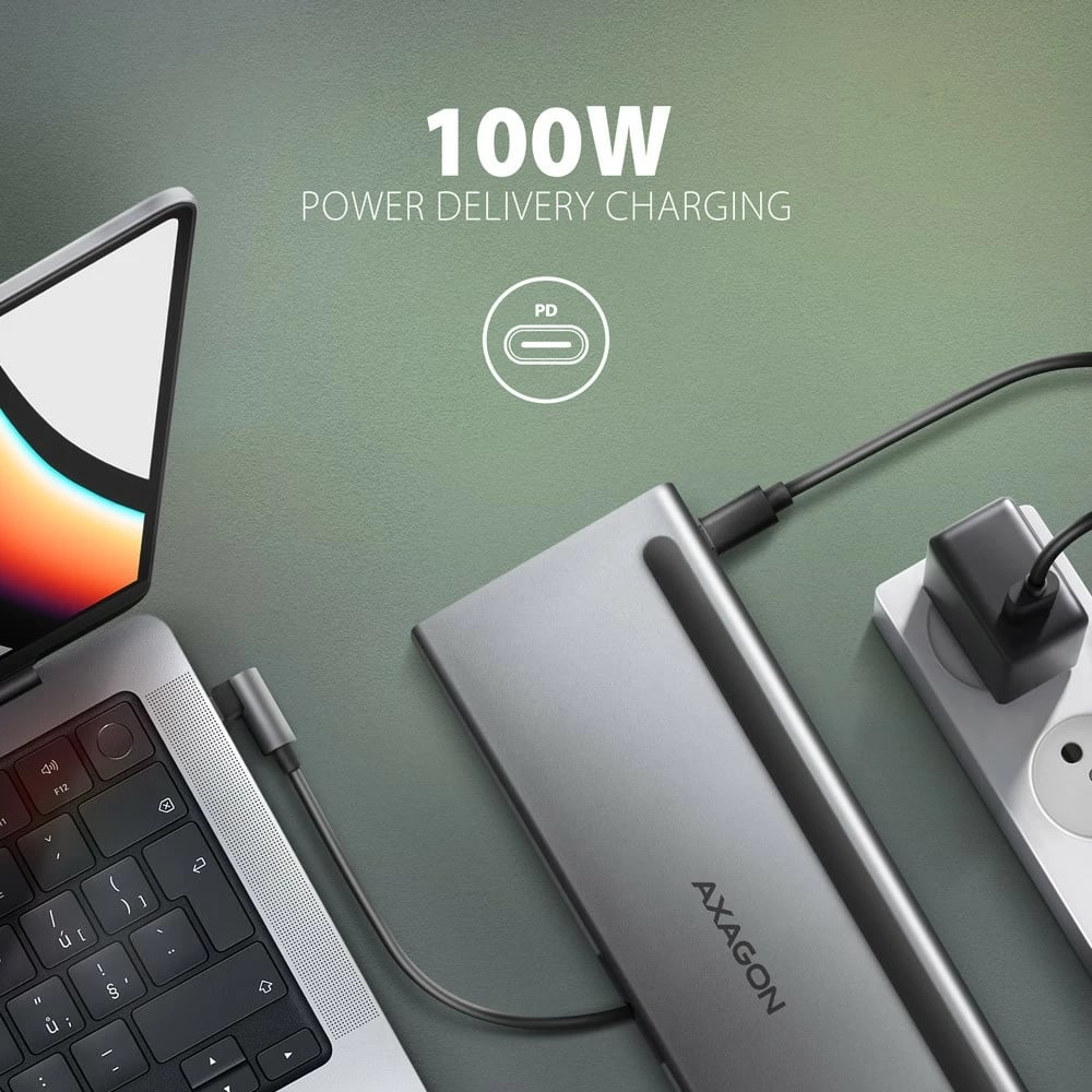Kasë AXAGON HMC-4KX3 multiport USB 11-në-1, 5Gbps, 3x USB-A, 2x HDMI 4K/60Hz + DP 4K/60Hz + GLAN + SD/microSD + audio, 100W PD, kabllo USB-C 40cm, Gri