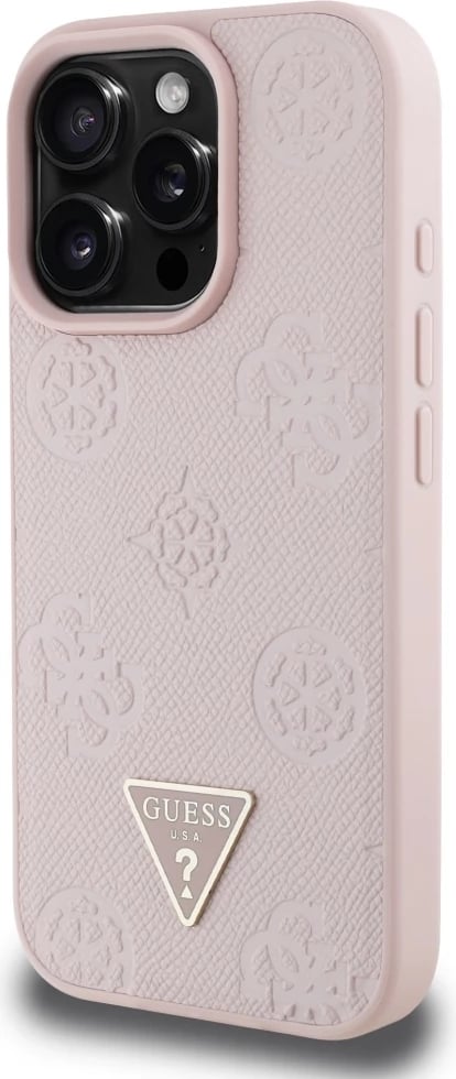 Mbështjellës Guess Grained Hot Stamp Peony Triangle Logo MagSafe për iPhone 16 Pro, Rozë