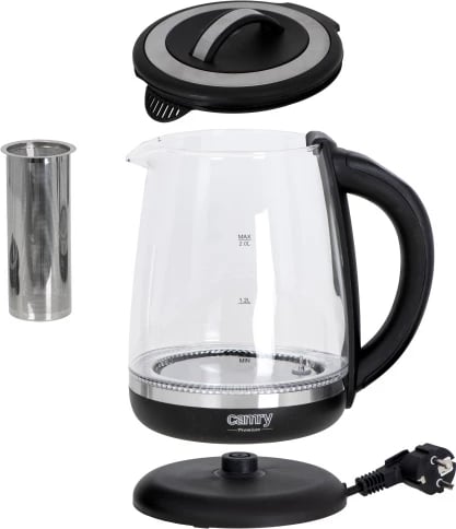 Zierës uji elektrik, Camry CR 1290, xham 2.0 L, kontroll temperature 60–100°C, shportë çaji, i zi