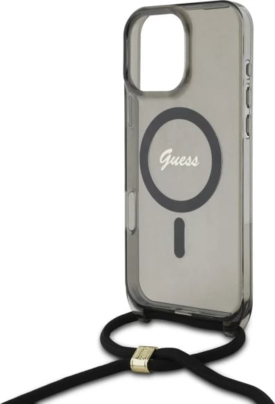 Mbështjellës Guess Crossbody Cord Script MagSafe për iPhone 16 Pro Max, i zi