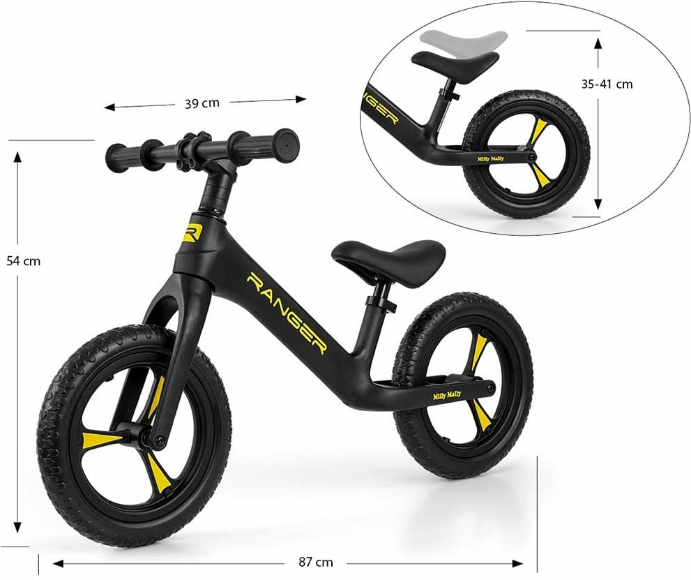 Biçikletë balancuese fëmijësh, Milly Mally Ranger, rrota 12" EVA pa shpim, kornizë kompozite e lehtë, sedilje e rregullueshme, e zezë