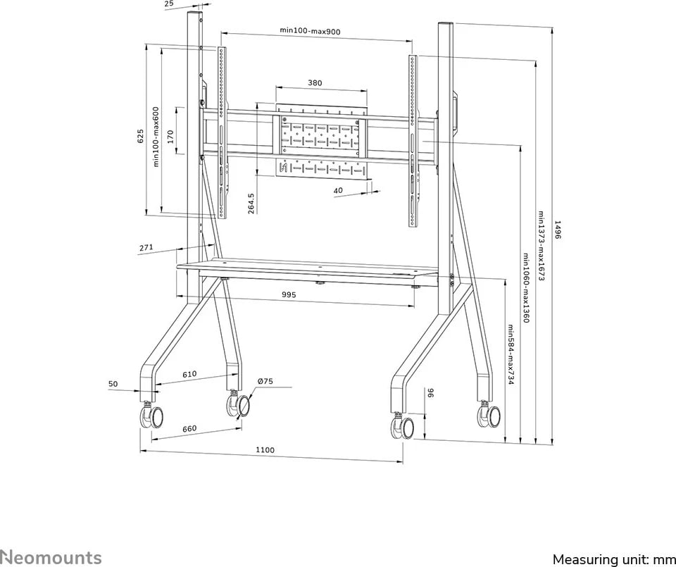 Karrocë multimediale Neomounts FL50-525BL1, për TV 55-86", rregullim lartësie, raft, ngjyrë e zezë Karrocë multimediale Neomounts FL50-525BL1, për TV 55-86", rregullim lartësie, raft, ngjyrë e zezë