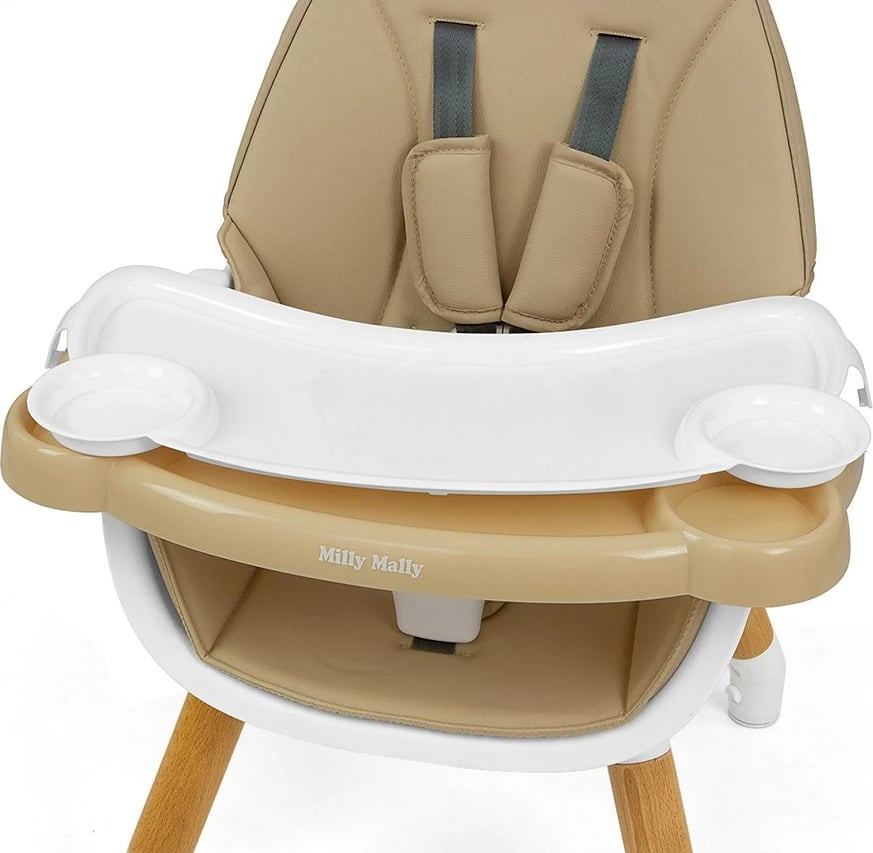 Karrige e lartë 2-në-1 për fëmijë, Milly Mally Malmo, dru fagu, tabaka e heqshme, rrip sigurie 5-pikësh, eko-lëkurë, deri 6 vjet, bezhë, set karrige e ulët + tavolinë