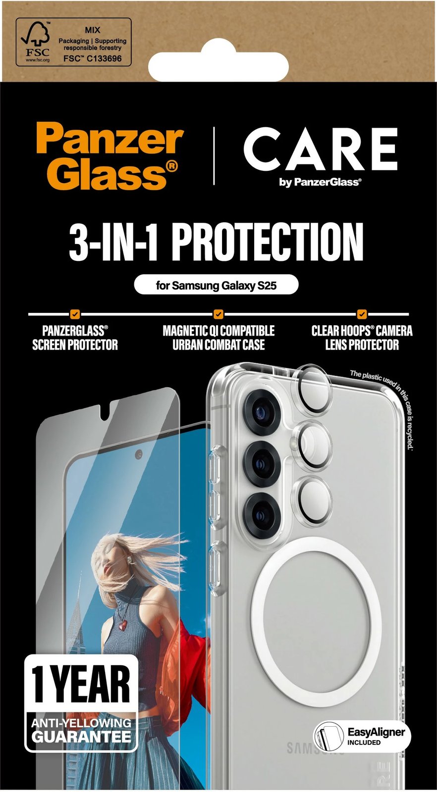 Mbështjellës PanzerGlass për Samsung Galaxy S25, set 3-në-1, transparent