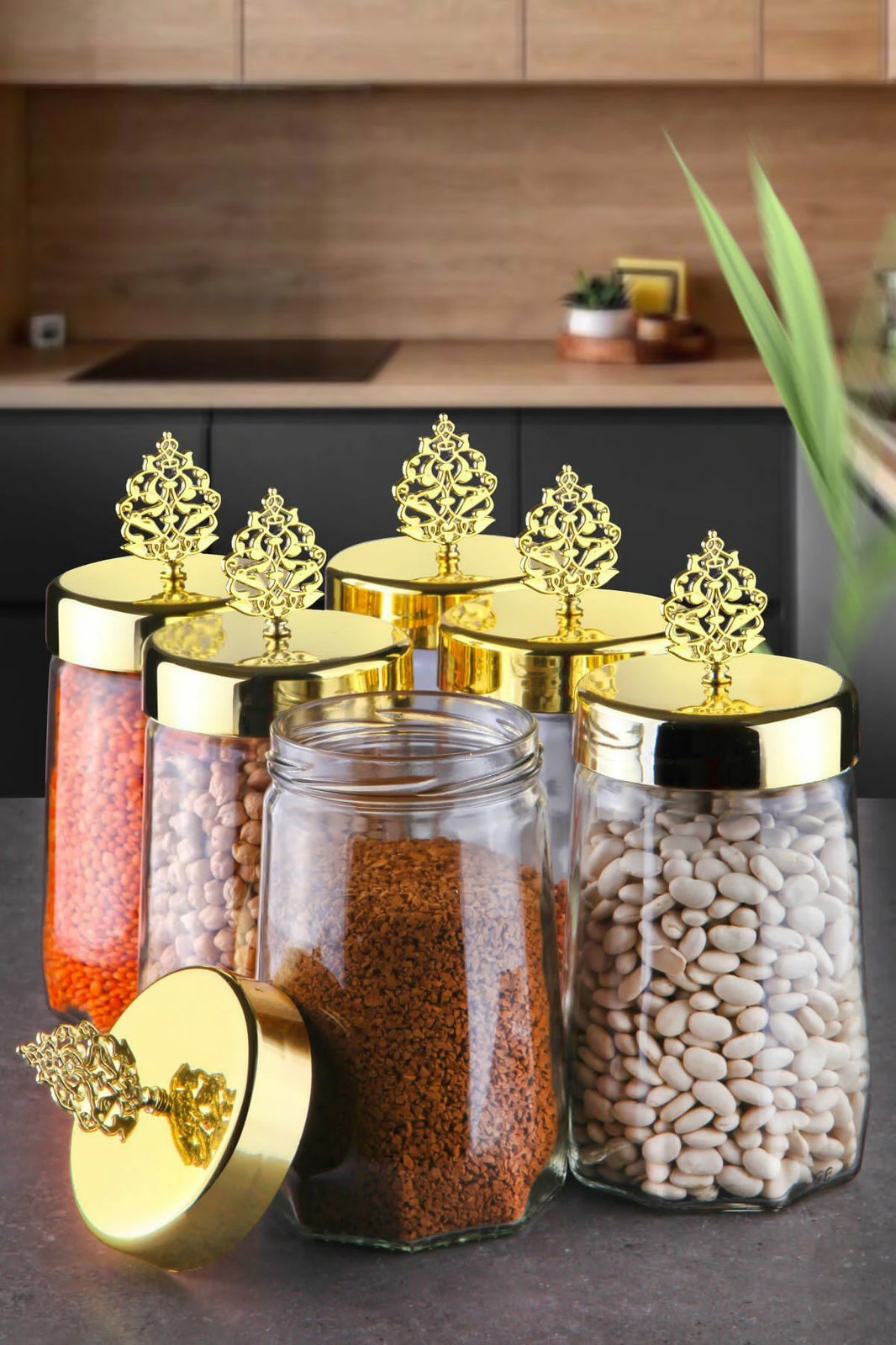Set kuti për ruajtje, qelq, 6 copë, transparent, kapak ari, PLTN112