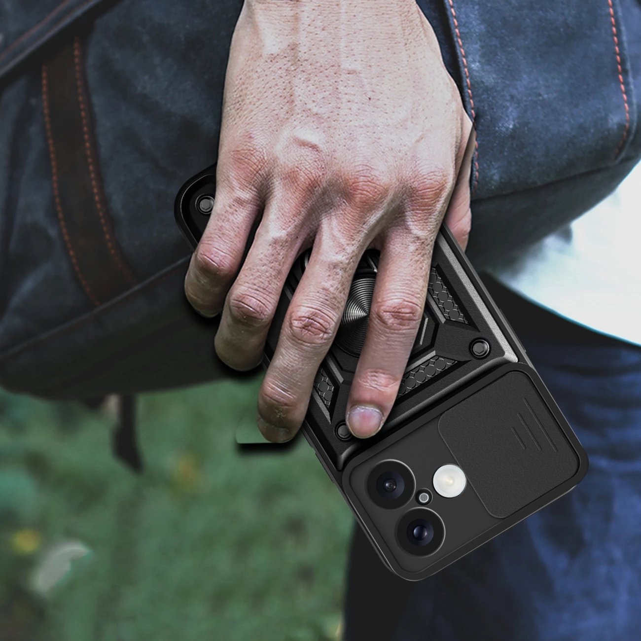 Mbështjellës Hurtel Hybrid Armor Camshield për iPhone 16, me mbulesë kamere dhe qëndrim, i zi
