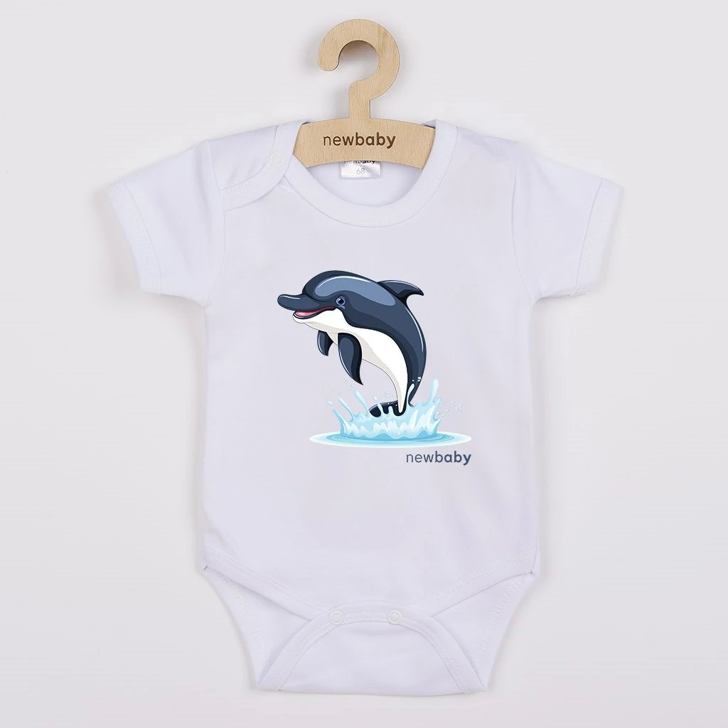 Body për bebe NEW BABY Dolphin me mëngë të shkurta 100% pambuk madhësi 80 (9-12m) e bardhë