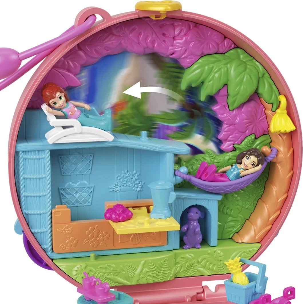 Set lodrash Polly Pocket Adventure Moped Compact me 2 kukulla të vogla dhe kafshë lodër, shumëngjyrëshe