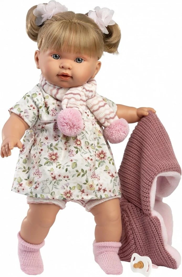 Kukull bebë Llorens 42286 Alexa 42 cm, qane kur hiqet biberoni, trup pambuk e kokë/duar/këmbë vinil, me bateri LR44, rozë, set me veshje 4-pjesëshe dhe biberon